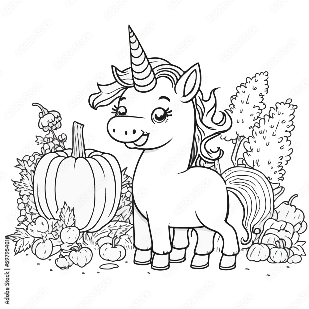 Wall mural unicorn vector coloring book black and white for kids isolated line art on white background.