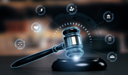 Smart law, legal advice icons and lawyer working tools in the lawyers office showing concept of digital law and online technology of astute law and regulations . Generative AI