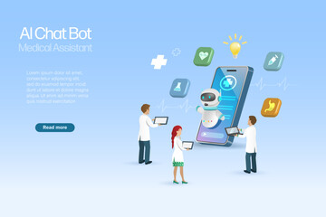 AI chat bot assist medical doctor team diagnosis and solving patient health problem. Artificial intelligence robot generates information and giving smart solution. Medical and heath care technology.