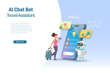 AI chat bot arrange smart vacation trip. Woman backpacker holding camera, carrying luggage enjoy her trip with online smart information from Artificial intelligence. 3D vector.