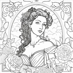Vintage portrait queen vector coloring book black and white for adults isolated line art on white background. Royal engraving.