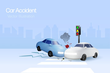 Car accident concept. Cars crashing on street at traffic light. Car accident and insurance concept. 3D vector.