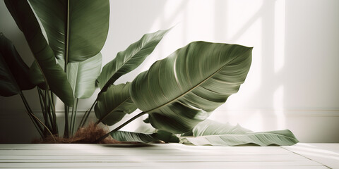 large green leaves of tropical plants in a white room with light from the window. AI generative
