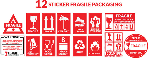 Packaging or Fragile Stickers editable. shipping stamps vector illustration Fragile label isolated. handle with care, keep dry, This way up. Broken glass  vector Package symbol