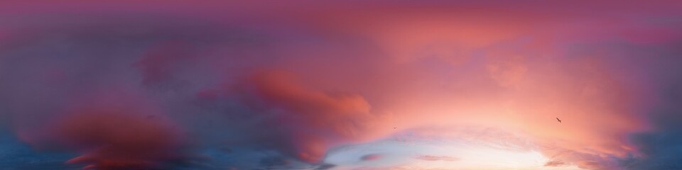 Sunset sky panorama with dramatic bright glowing pink Cumulus clouds. HDR 360 seamless spherical panorama. Full zenith or sky dome for 3D visualization, sky replacement for aerial drone panoramas.