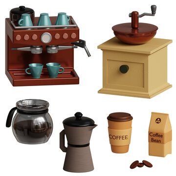 3d rendered coffee set includes coffee machine, coffee grinder, coffee pack, coffee pot, coffee cup perfect for coffee shop design project