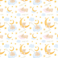Cute little sleeping teddy bear on transparent background, seamless pattern, vector illustration, kids fashion, baby graphic for wallpapers and prints. Cartoon vector illustration.