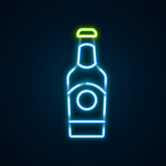 Glowing neon line Beer bottle icon isolated on black background. Colorful outline concept. Vector