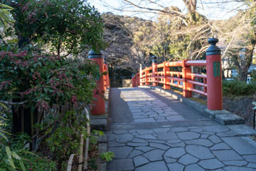 Japanese red bridge named Kaedebashi in Shuzenji, Izu