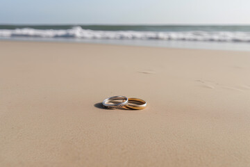 Fototapeta na wymiar Two wedding rings in the sand on the background of a beach and sea