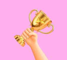 Hand holding golden champion cup trophy isolated on purple. Success in business, successful education