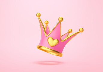 Gold and pink princess crown with heart isolated on pink background. Clipping path included