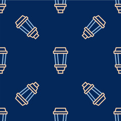 Line Garden light lamp icon isolated seamless pattern on blue background. Solar powered lamp. Lantern. Street lamp. Vector