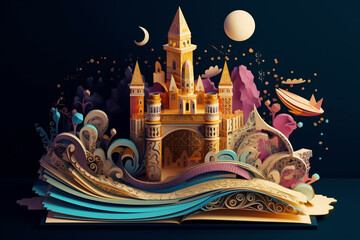 World book day, fantasy, and leisure concept. 3D, paper art style Illustration of magical book with fantasy stories inside it. Generative AI