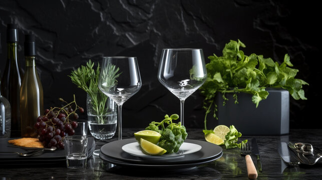 very detailed image of wine glasses utensils modern pla, generative ai