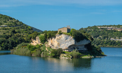 church of san sebastiano ad isili in central sardinia built on a small island in the homonymous lake
