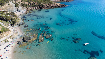 aerial view of the beach of masua di iglesias with its wonderful crystalline waters
