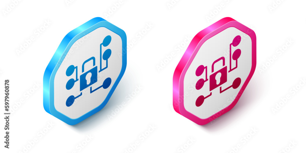 Poster isometric cyber security icon isolated on white background. closed padlock on digital circuit board.