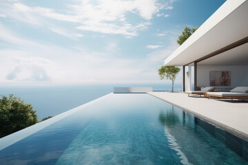 Fototapeta na wymiar Tropical Home Island Villa House With Modern Infinity Swimming Pool And Blue Sky - Generative AI Image