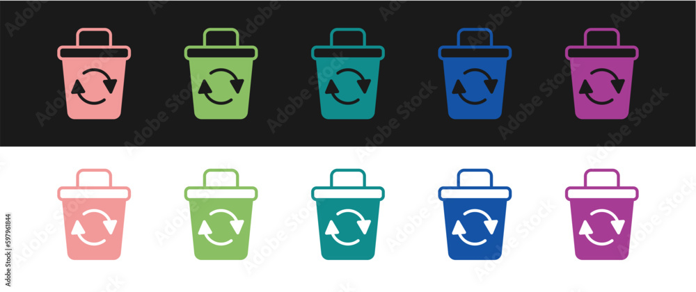 Poster set recycle bin with recycle symbol icon isolated on black and white background. trash can icon. gar