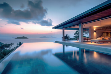 Obraz na płótnie Canvas Tropical Home Island Villa House With Modern Infinity Swimming Pool At Twilight - Generative AI Image