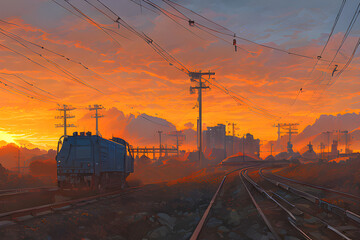 Fototapeta na wymiar Apocalypse sunset, train, sky, railroad Ai Generated