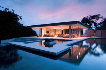 Tropical Home Island Villa House With Modern Infinity Swimming Pool At Twilight - Generative AI Image