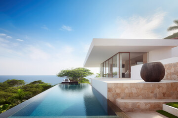 Tropical Home Island Villa House With Modern Infinity Swimming Pool And Blue Sky - Generative AI Image