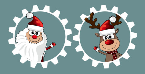 santa claus and rudolph waving through two gears, character vector cartoon