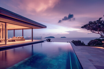 Tropical Home Island Villa House With Modern Infinity Swimming Pool At Twilight - Generative AI Image