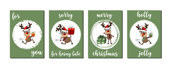 set of green christmas cards and tags printable and for social media stories and advertising, collection of cartoon vector templates with character reindeer rudolph and christmas greetings