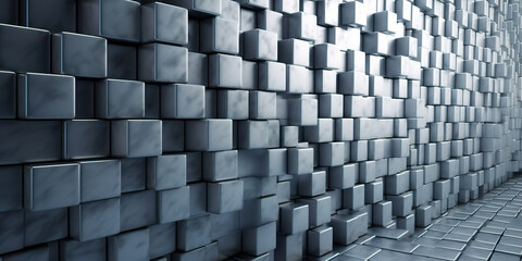  This AI-generated image features a 3D pattern of protruding gray cubes in varying depths, creating a repetitive, geometric, and architectural texture on a wall.
