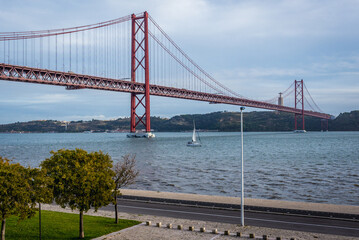 View on Bridge of 25th of April over River Tagus in Lisbon, Portugal