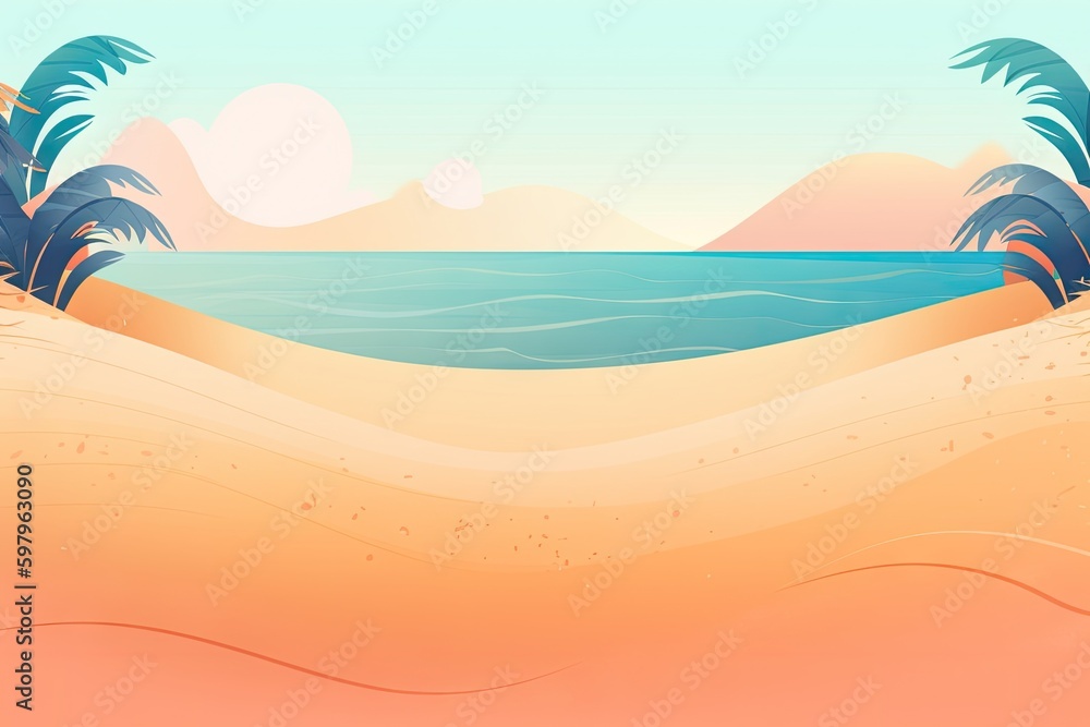 Poster a view of a beach with palm trees and mountains in the background. ai generative image.