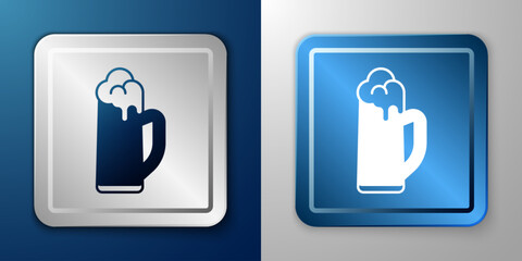 White Glass of beer icon isolated on blue and grey background. Happy Saint Patricks day. National Irish holiday. Silver and blue square button. Vector