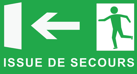 Panneau issue de secours sur fond vert avec texte en français - obrazy, fototapety, plakaty