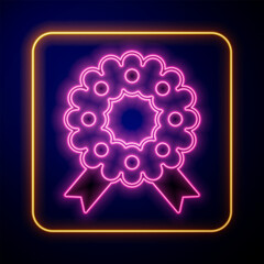 Glowing neon Christmas wreath icon isolated on black background. Merry Christmas and Happy New Year. Vector