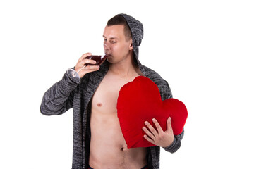 Valentine's Day. Young attractive man. White background. Handsome guy. 