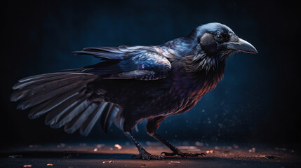 Closeup image of Carrion crow (Corvus corone) black bird perched on road