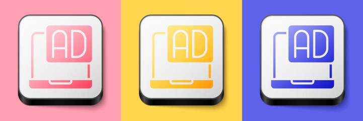 Isometric Advertising icon isolated on pink, yellow and blue background. Concept of marketing and promotion process. Responsive ads. Social media advertising. Square button. Vector