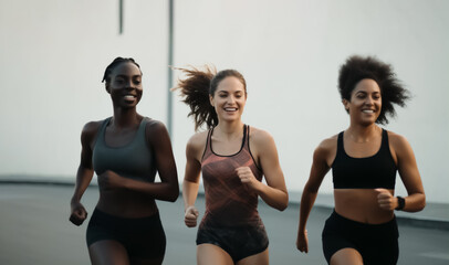 Fototapeta na wymiar Group of women jogging, promoting body positivity and a healthy lifestyle, mixed ethnicity. Isolated on white background. Shallow depth of field, Illustrative Generative AI. Not real people.
