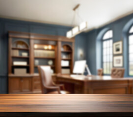 A wooden desk table top in a dispatch with blurred background