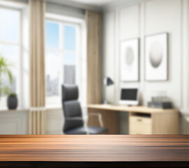 A wooden desk table top in a dispatch with blurred background
