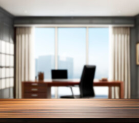 A wooden desk table top in a dispatch with blurred background