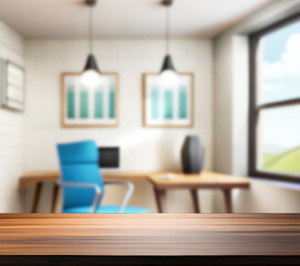 A wooden desk table top in a dispatch with blurred background