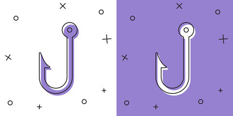 Set Fishing hook icon isolated on white and purple background. Fishing tackle. Vector