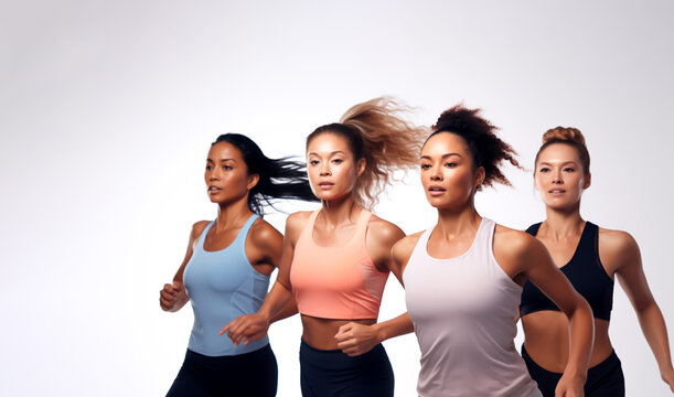 Group of  women jogging, promoting body positivity and a healthy lifestyle, mixed ethnicity. Isolated on white background. Shallow depth of field, Illustrative Generative AI. Not real people.