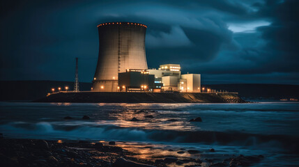 Nuclear power plant with dusk landscape. Generative AI