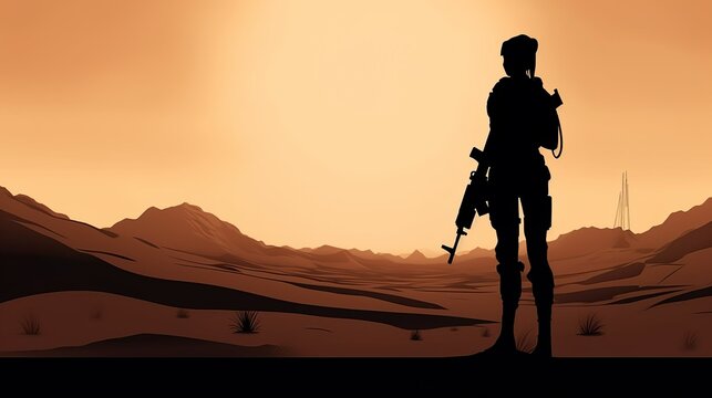 A young female soldier stands in a vast desert