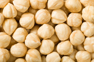 food background of hulled hazelnuts, top view.
